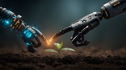 Robot Hands Planting Seed with Future Farming, and AI.