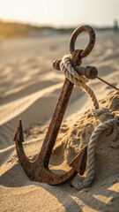 A weathered rusty anchor rests partially buried in the warm sand of a beach at sunset with a thick rope securing it
