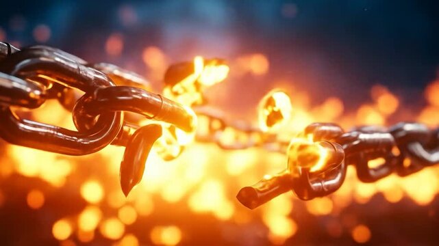A metal chain breaks apart in a fiery blaze