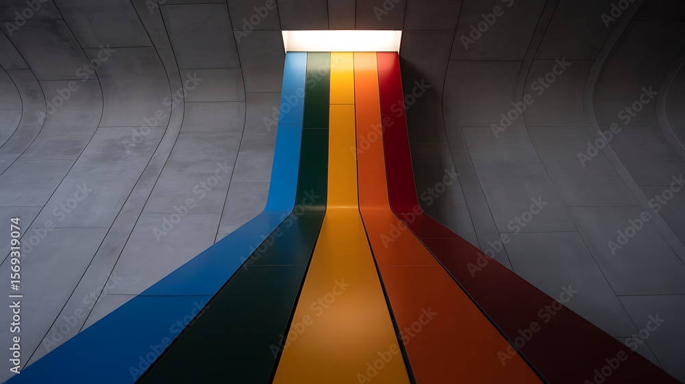 Poster a view of a rainbow colored pathway leading to a bright light in a gray concrete structure