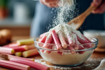 Baker adding rhubarb to dessert close up copy space inviting sweet colors Double exposure silhouette with flour and mixing bowl