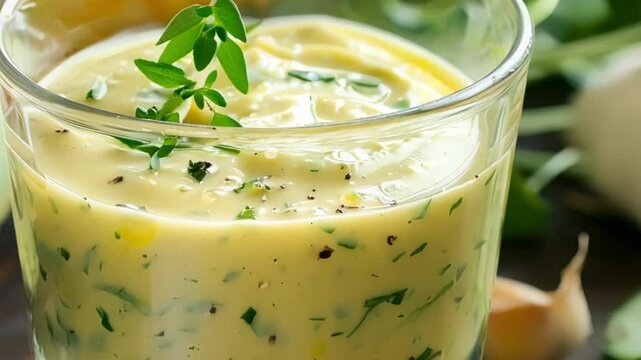 Glass of creamy avocado smoothie is standing on a table surrounded by fresh ingredients such as avocado, corn and garlic