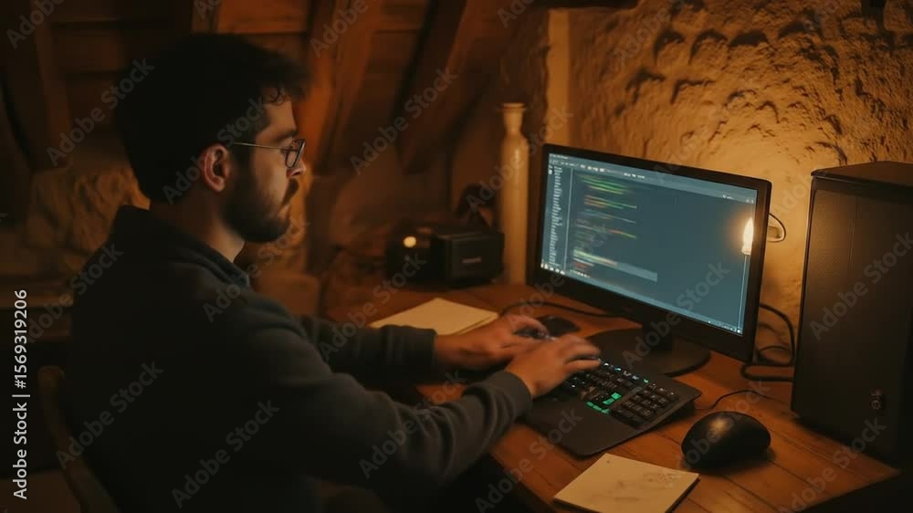 Poster young male programmer working on coding project in cozy attic home office at night