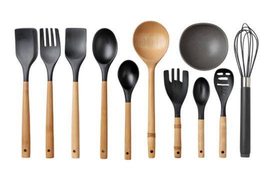 Assortment of kitchen utensils arranged isolated on a white background for culinary and cooking concepts