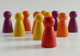 Diverse group of colorful pawns standing together on a white surface