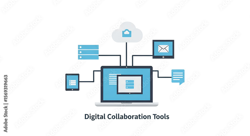 Poster streamlined network communication with computers, a digital tablet and cloud data storage showcases 