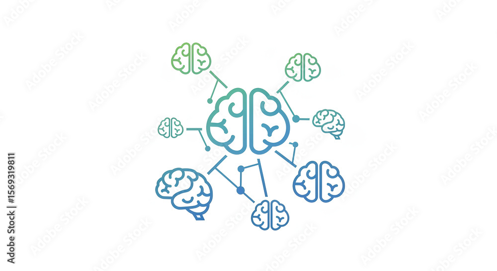 Poster brain network concept with interconnected minds symbolizes neural connections and artificial intelli