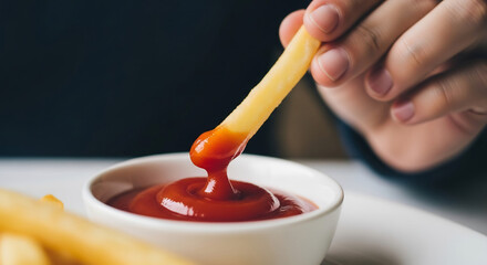 Close-up of French Fry Dipped in Ketchup for National French Fry Day