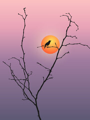 Bird sitting on a tree branch. Vector illustration. Sketch for creativity.