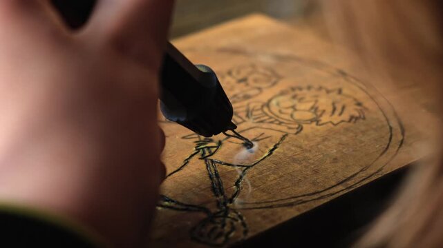 Burn out the picture. Woodburning or pyrography. An artist drawing on a wooden plank with pyrograph. Wood burning ASMR creative hobby. Art class workshop. Creative activity. High quality 4k footage.