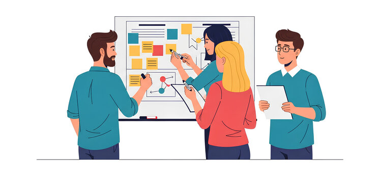 Teamwork session shows collaborative people planning business strategy with sticky notes on a whiteboard, fostering brainstorming and achieving project goals.
