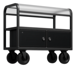 Rail cart with a covered canopy and lockable compartments for transporting sensitive equipment in a laboratory.