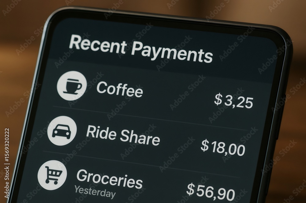 Poster close up view of a smartphone displaying recent digital payments, highlighting the increasing preval