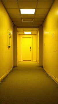 lonely door in endless yellow hallway, unsettling perspective, old fluorescent lighting, dirty carpet, analog horror, liminal space, hyper-realistic, horror atmosphere