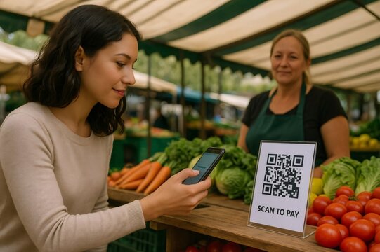 Customer scanning qr code with smartphone to pay at farmers market, modern technology for mobile payment