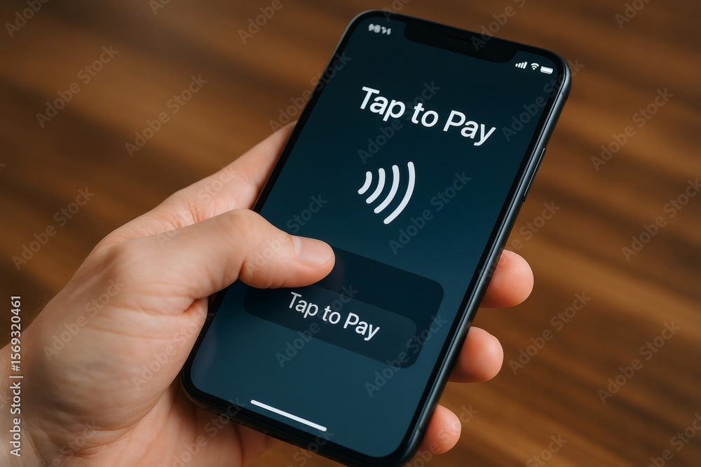 Poster hand holding smartphone while making a secure contactless payment using advanced nfc technology, sho