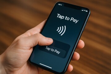 Hand holding smartphone while making a secure contactless payment using advanced NFC technology, showcasing modern digital finance solutions