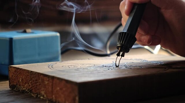 Burn out the picture. Woodburning or pyrography. An artist drawing on a wooden plank with pyrograph. Wood burning ASMR creative hobby. Art class workshop. Creative activity. High quality 4k footage.