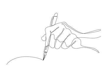 Minimalist Continuous one line drawing of a hand holding a Fountain pen and drawing, representing creativity, art, and manual design process. Vector  illustration, Editable stroke