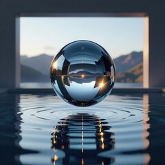 Floating glass sphere over water at sunset in surreal minimalist style