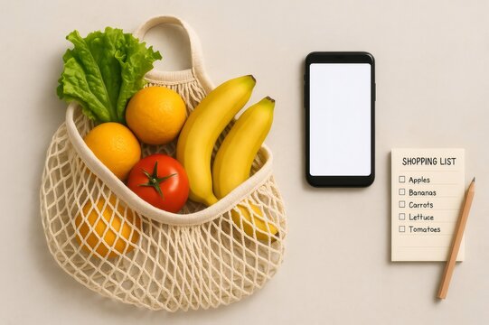 String bag filled with fresh produce, a smartphone with blank screen, and a shopping list on a neutral background promoting sustainable shopping habits