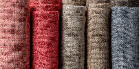 Rolled fabric swatches in various earthy tones