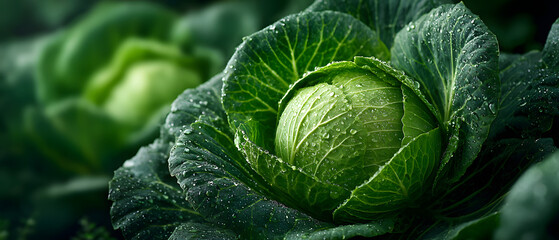 Fototapeta premium Fresh green cabbage with droplets of water.