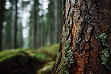 Fototapeta premium Close-up of weathered tree trunk in a misty forest