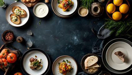 Various food dishes on dark table background food photography