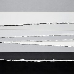 Torn paper strips in grayscale, layered horizontally, showing irregular edges and varying shades of gray and black.