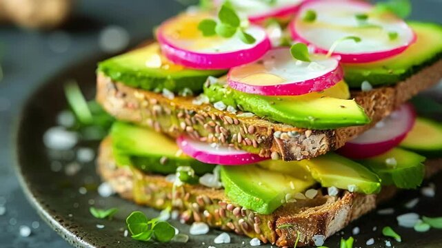 Slices of fresh avocado and watermelon radish are layered on top of toasted multigrain bread and seasoned with salt and pepper