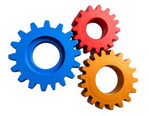  Set of Three Colored Cogwheels Red Blue Orange Isolated on Transparent Background PNG