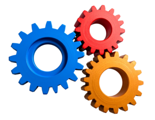  Set of Three Colored Cogwheels Red Blue Orange Isolated on Transparent Background PNG