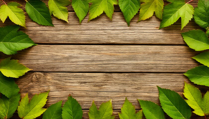 Green leaves on wooden background frame 