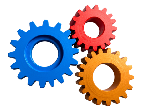  Set of Three Colored Cogwheels Red Blue Orange Isolated on Transparent Background PNG