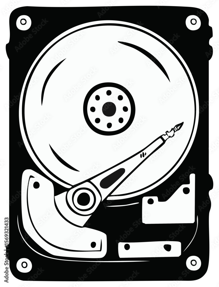 Poster monochrome illustration of a computer hard drive component with read and write head, disk platter, a
