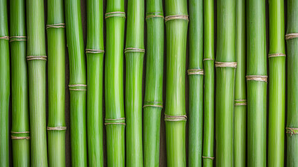 Fototapeta premium Close-up of vertically aligned green bamboo stalks with natural joints and a smooth surface texture.