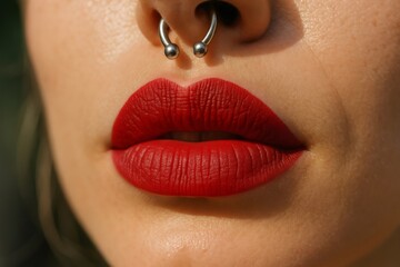 Capturing the allure of perfect red lips adorned with a stylish septum piercing, highlighting contemporary beauty and fashion trends
