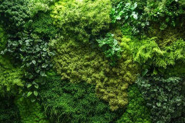 Biophilic design concept with a wall decoration in moss and ornamental plants. Suitable for background.
