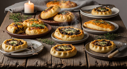 Delicious Cornish Pasties Ready for Pasty Fest: Traditional Savory Pies with Mushroom Filling on a Rustic Wooden Table