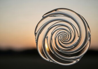 Transparent glass swirl pattern in macro detail with soft sunset background