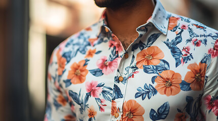 Fototapeta premium A man showcasing bold floral patterns on slim-fitted shirts perfect for summer brunch 