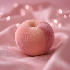 The image features a soft pink peach on a pastel fabric, capturing soft diffused light and a serene atmosphere. The background is out of focus, with pink bokeh sparkles and ambient light flares. High-