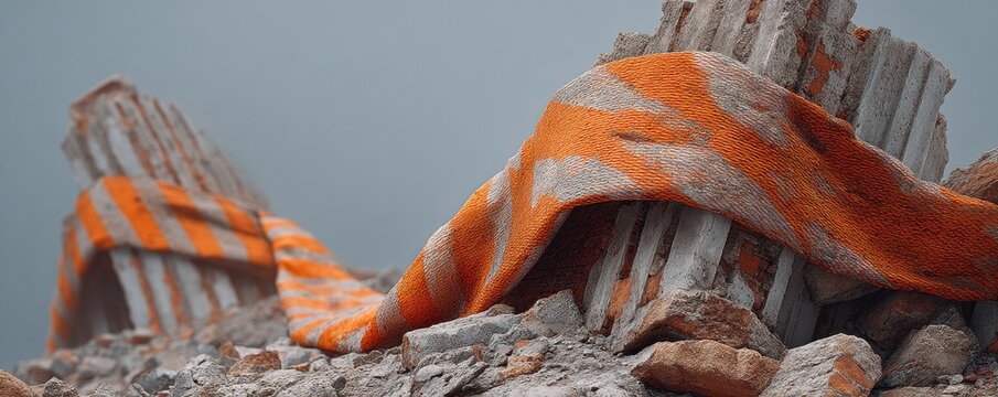 A close-up image showcasing a pile of construction rubble, accentuated by a vibrant orange safety tape intertwined among the debris, highlighting the essence of building and demoli