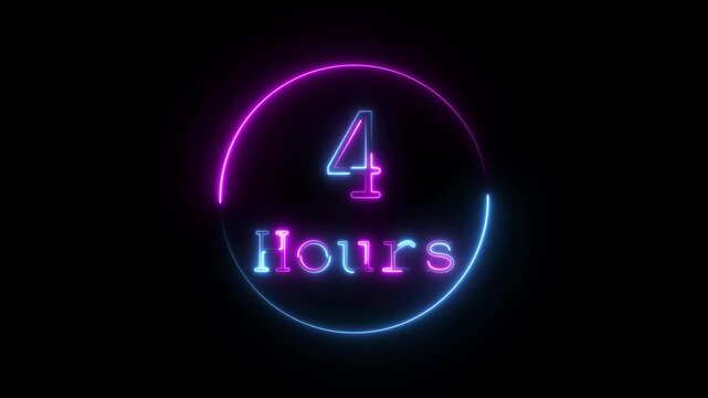 Abstract neon 4 hours animation. Digital and analog clock 4 hours isolated on black background. waiting time animation (4K) , 4 hours