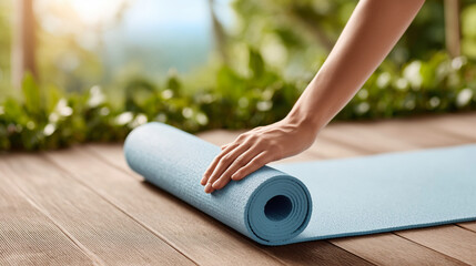 Close-up of a woman's hand rolling out a blue yoga mat on a wooden deck with green foliage in the background