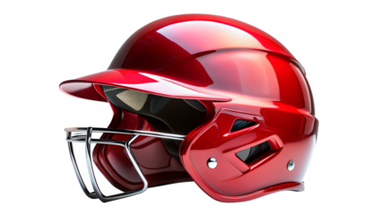 Shiny Red Baseball Helmet with Face Guard on Transparent Background