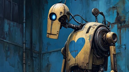 Rusty Robot with Blue Heart, and Cyberpunk Cityscape.