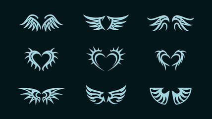 Naklejka premium Neo Tribal Vector Shape Set – Includes Symmetrical Cyber Sigilism Graphics, Succubus Womb Tattoo, Demon Heart Sigil, Gothic Y2K Spikes – Ideal for Edgy Design Projects