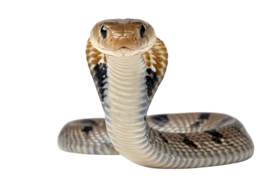 Graceful cobra strikes a pose against a transparent background, showcasing its textured skin and captivating eyes in a captivating portrait.